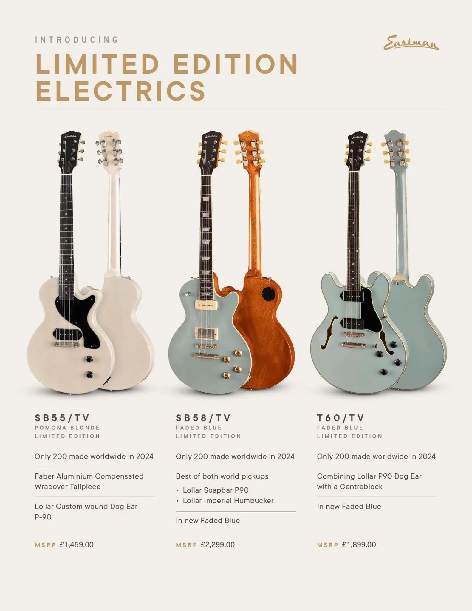 Eastman SB55/TV - LTD - PB Pomona Blonde (Price inc. Custom Pro Setup Package) - Richards Guitars Of Stratford Upon Avon
