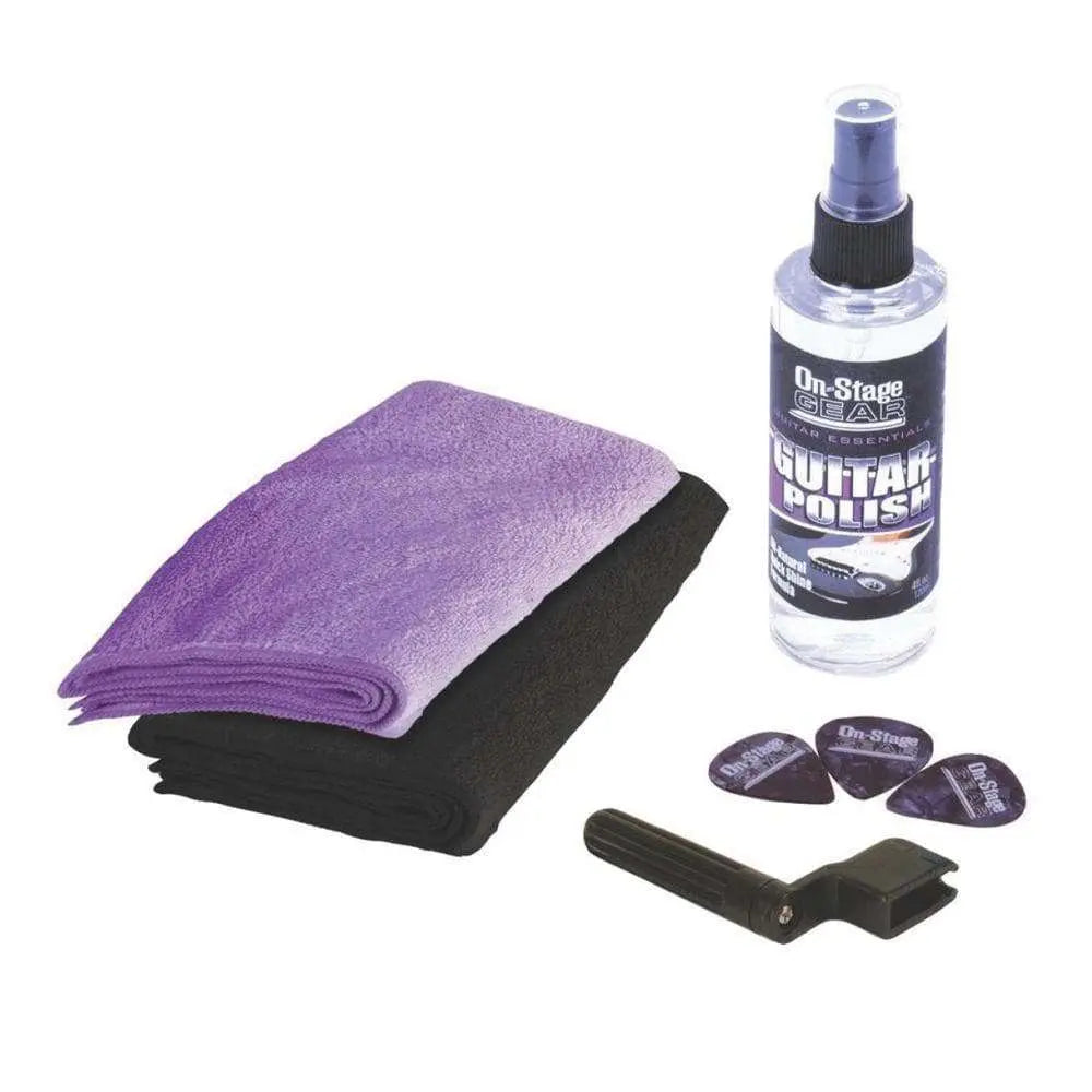 On - Stage Universal Guitar Care Kit Inc. Polishing Cloth, Polish Peg Winder & Picks - Richards Guitars Of Stratford Upon Avon