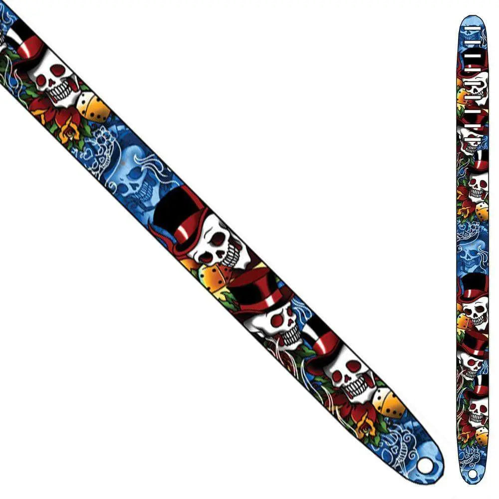 Perri's Leather Guitar Strap ~ Johnny Tattoo ~ Skeleton Hat - Richards Guitars Of Stratford Upon Avon