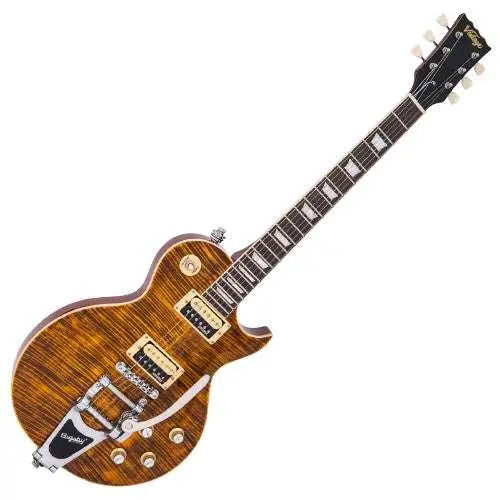 Vintage V100AMB ReIssued Electric Guitar w/Bigsby ~ Flamed Amber - Richards Guitars Of Stratford Upon Avon