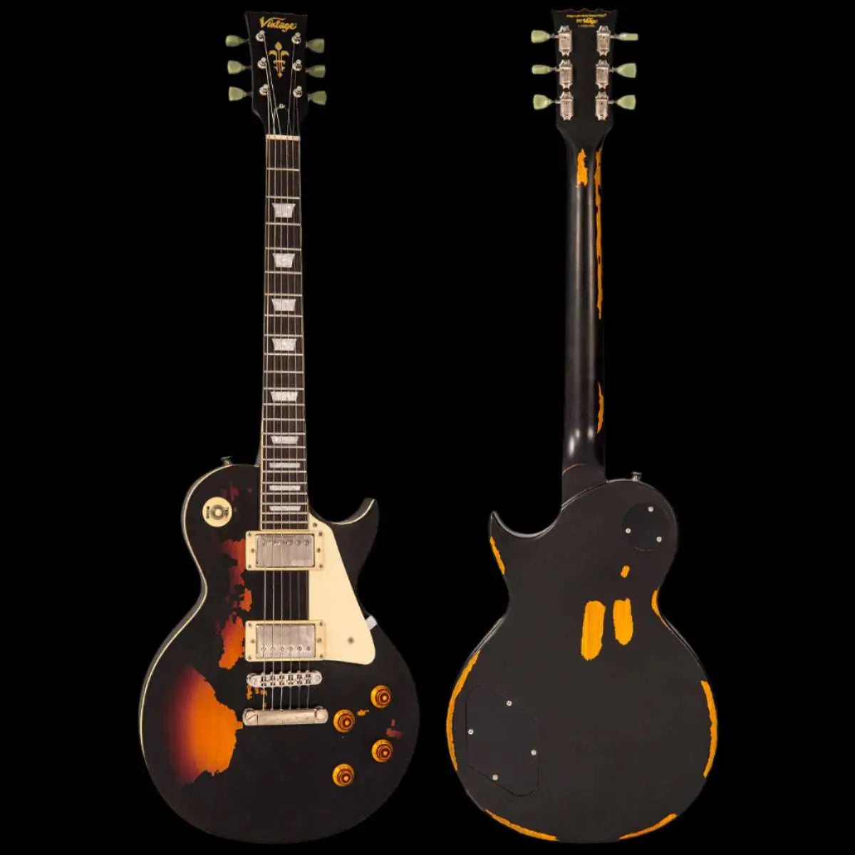 Vintage V100MRBK ICON Electric Guitar ~ Distressed Black Over Sunburst - Richards Guitars Of Stratford Upon Avon