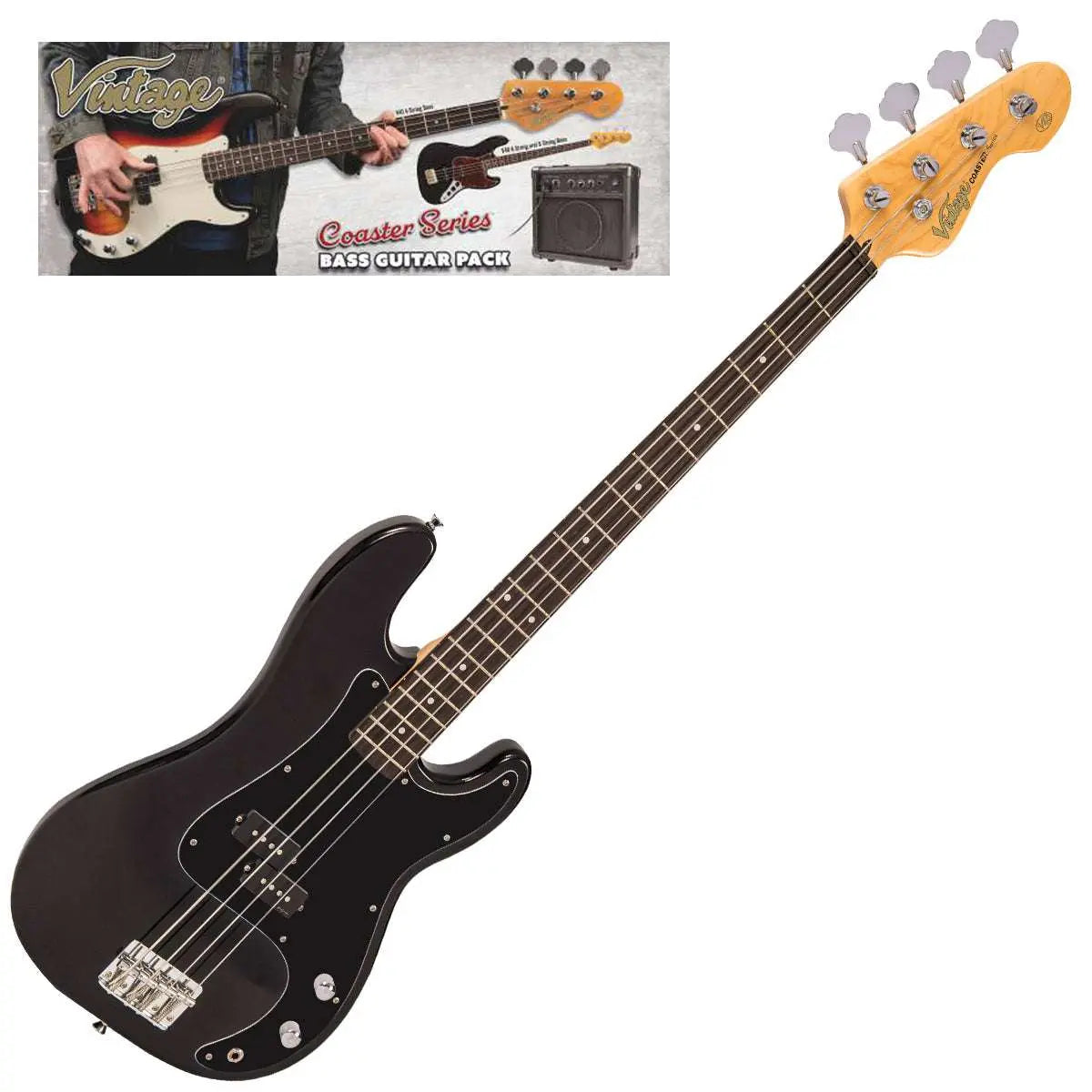 Vintage V40 Coaster Series Bass Guitar Pack ~ Boulevard Black - Richards Guitars Of Stratford Upon Avon