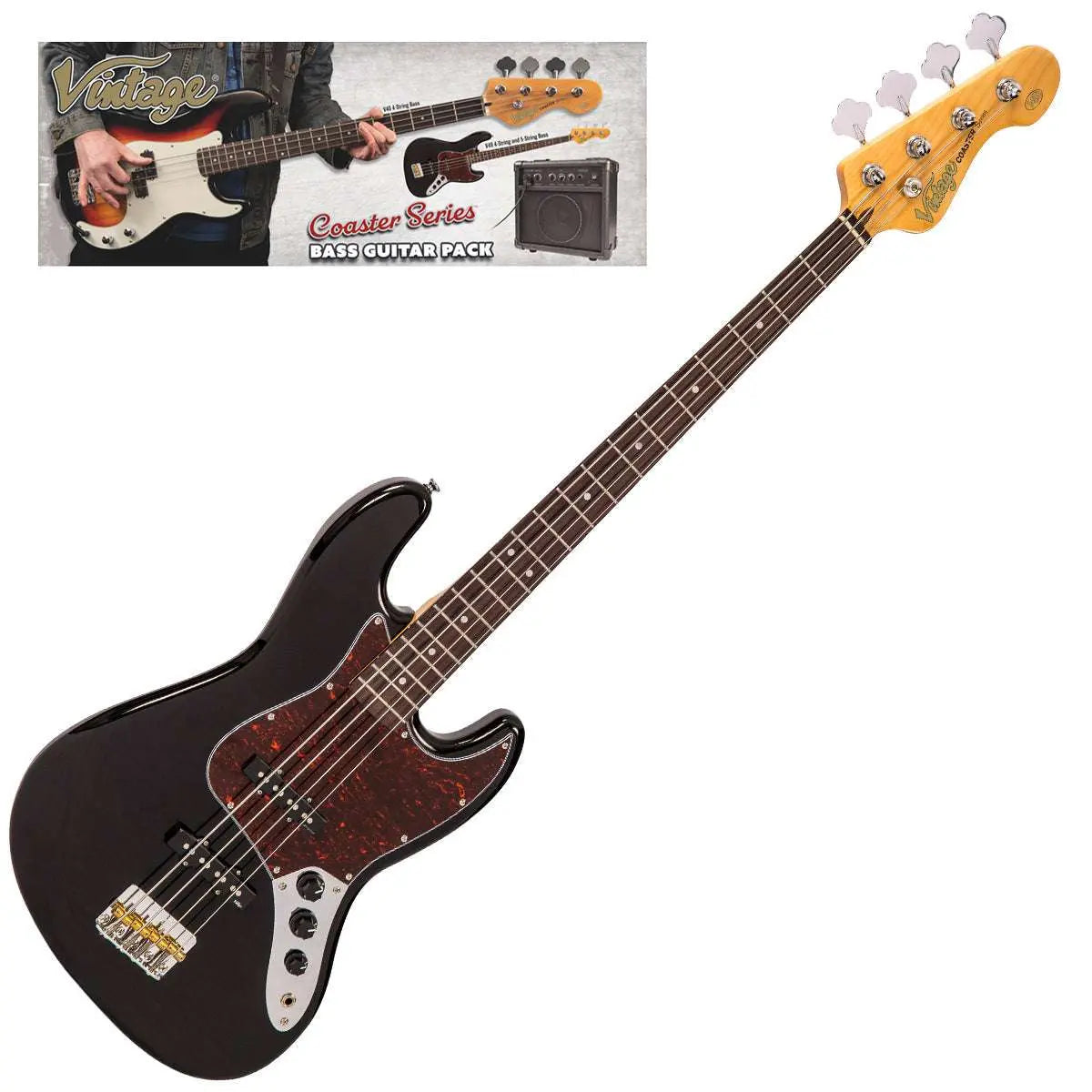 Vintage V49 Coaster Series Bass Guitar Pack ~ Boulevard Black - Richards Guitars Of Stratford Upon Avon