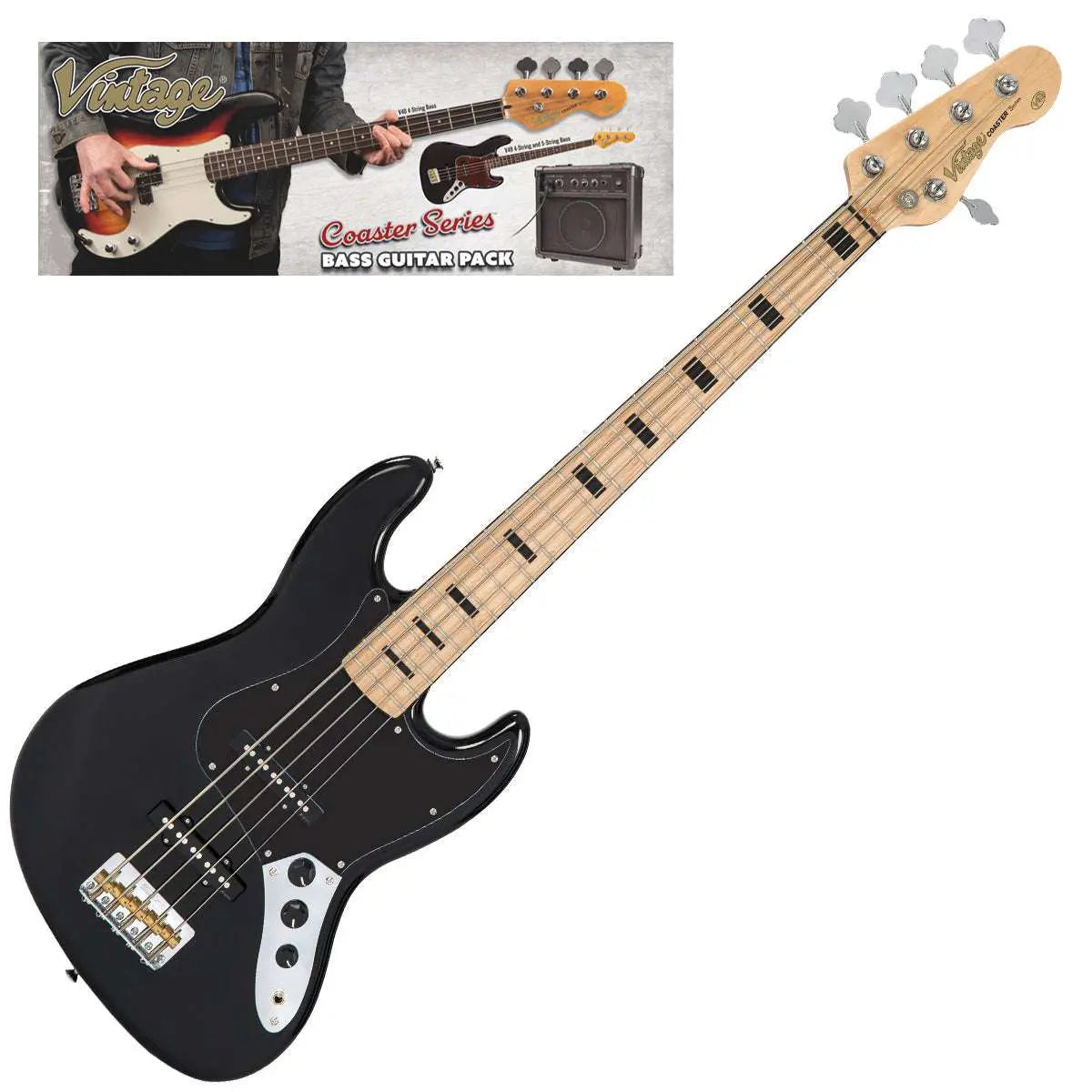 Vintage V495 Coaster Series 5 - String Bass Guitar Pack ~ Boulevard Black - Richards Guitars Of Stratford Upon Avon