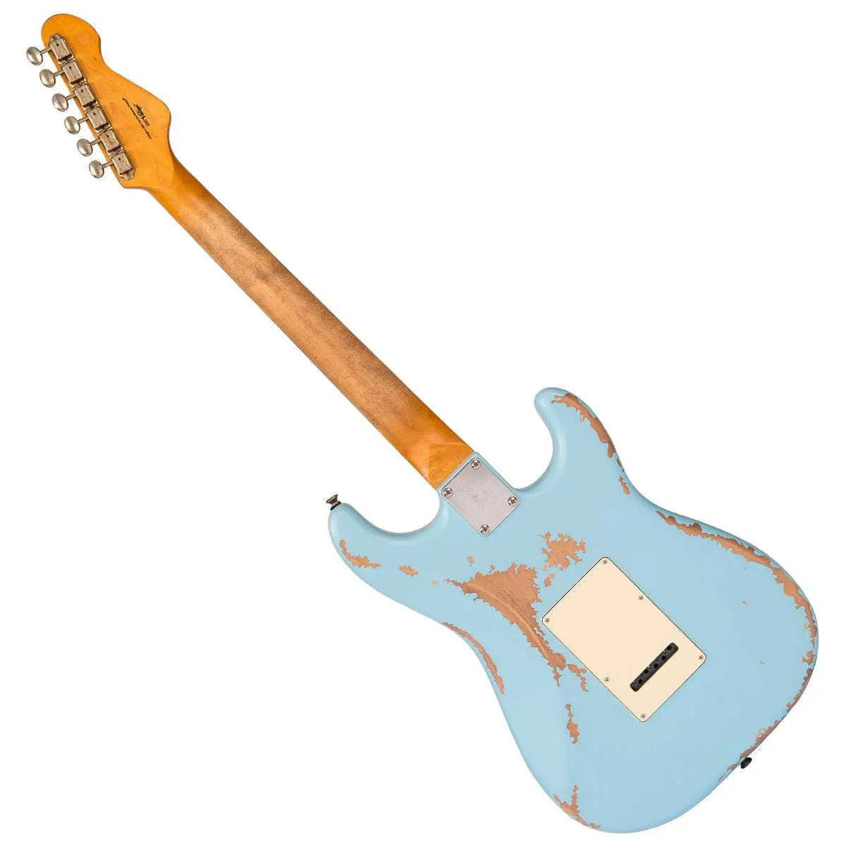 Vintage V6 ICON Electric Guitar ~ Left Hand Distressed Laguna Blue - Richards Guitars Of Stratford Upon Avon