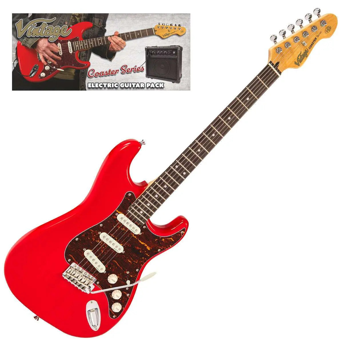 Vintage V60 Coaster Series Electric Guitar Pack ~ Gloss Red - Richards Guitars Of Stratford Upon Avon