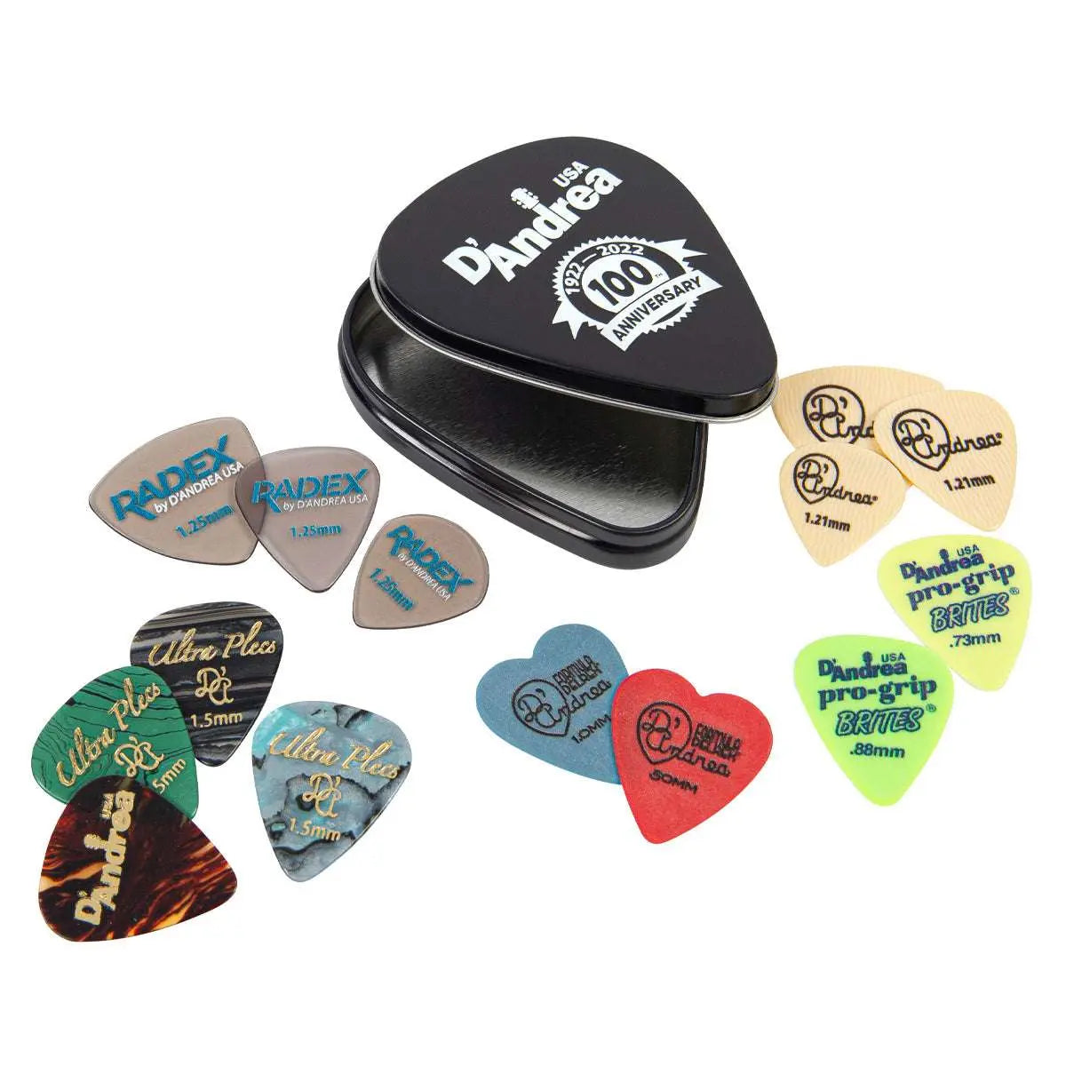 D'Andrea 100th Anniversary Pick Tin ~ 14 Assorted Picks - Richards Guitars Of Stratford Upon Avon