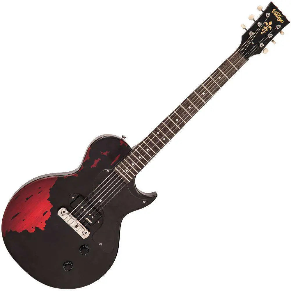 Vintage V120MRBK ICON Electric Guitar ~ Distressed Black Over Cherry Red - Richards Guitars Of Stratford Upon Avon