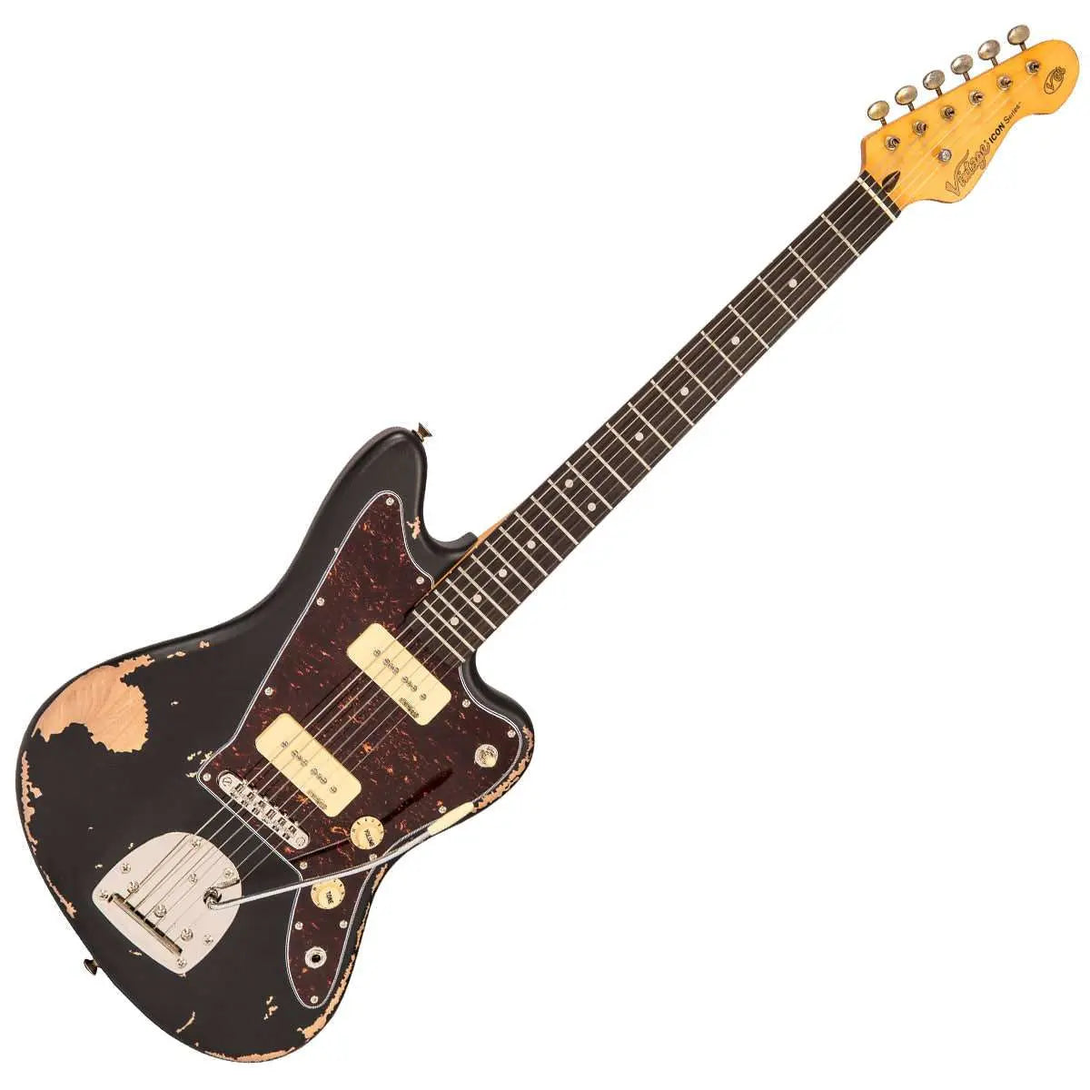 Vintage V65 VMRBK ICON Vibrato Electric Guitar ~ Distressed Black - Richards Guitars Of Stratford Upon Avon