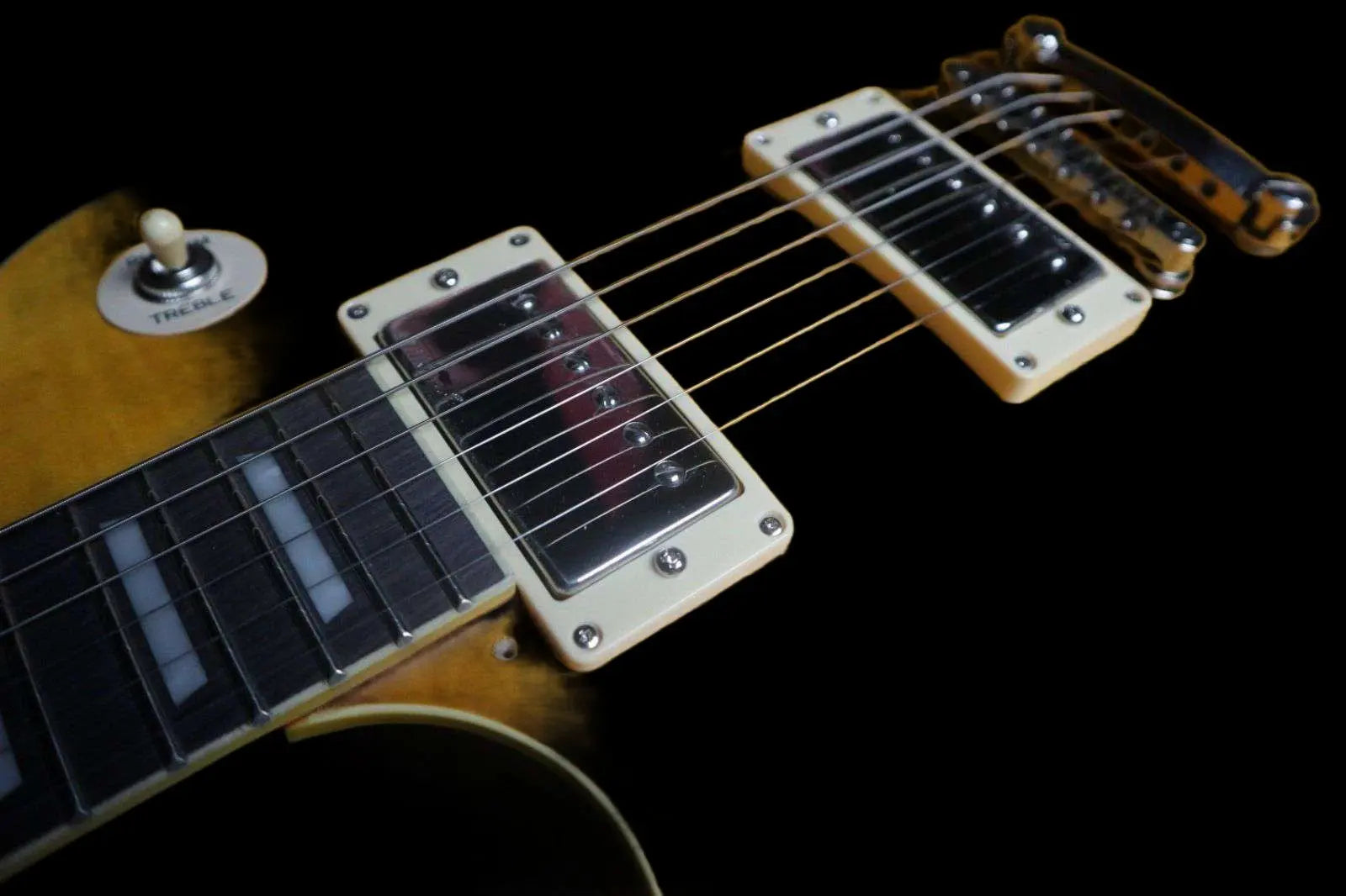 Vintage LV100MRPGM Left Hand Distressed 'Lemon Drop' with Distressed Finish - Richards Guitars Of Stratford Upon Avon