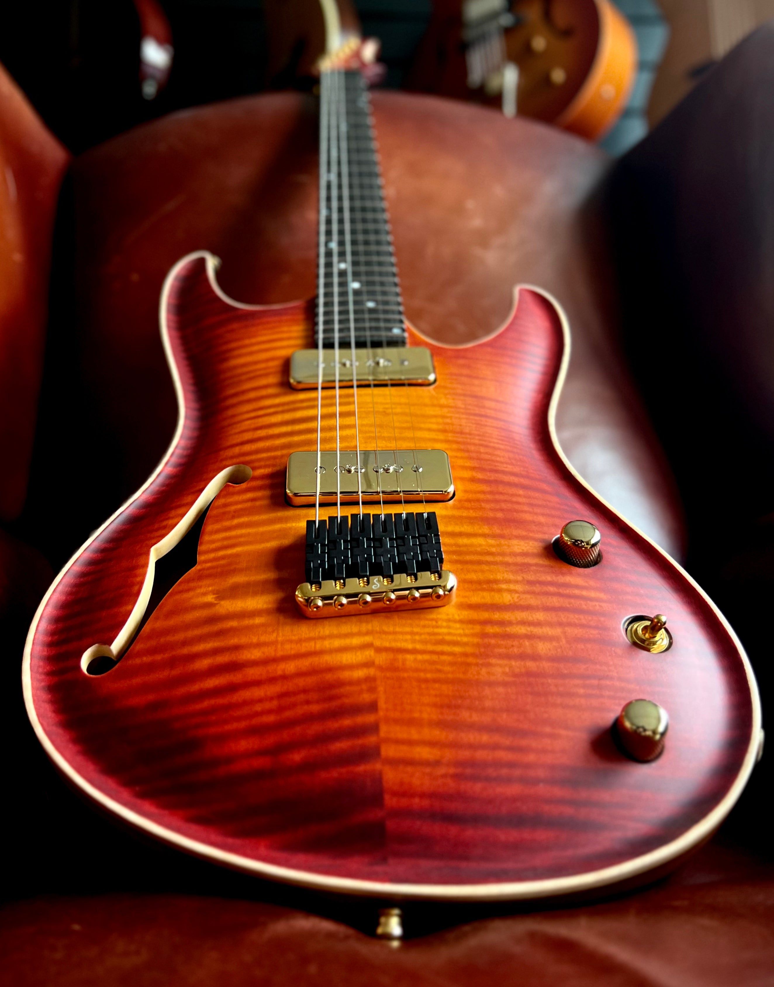 Valenti Nebula Carved Semi Hollow P90 Vintage Cherry Burst, Electric Guitar for sale at Richards Guitars.