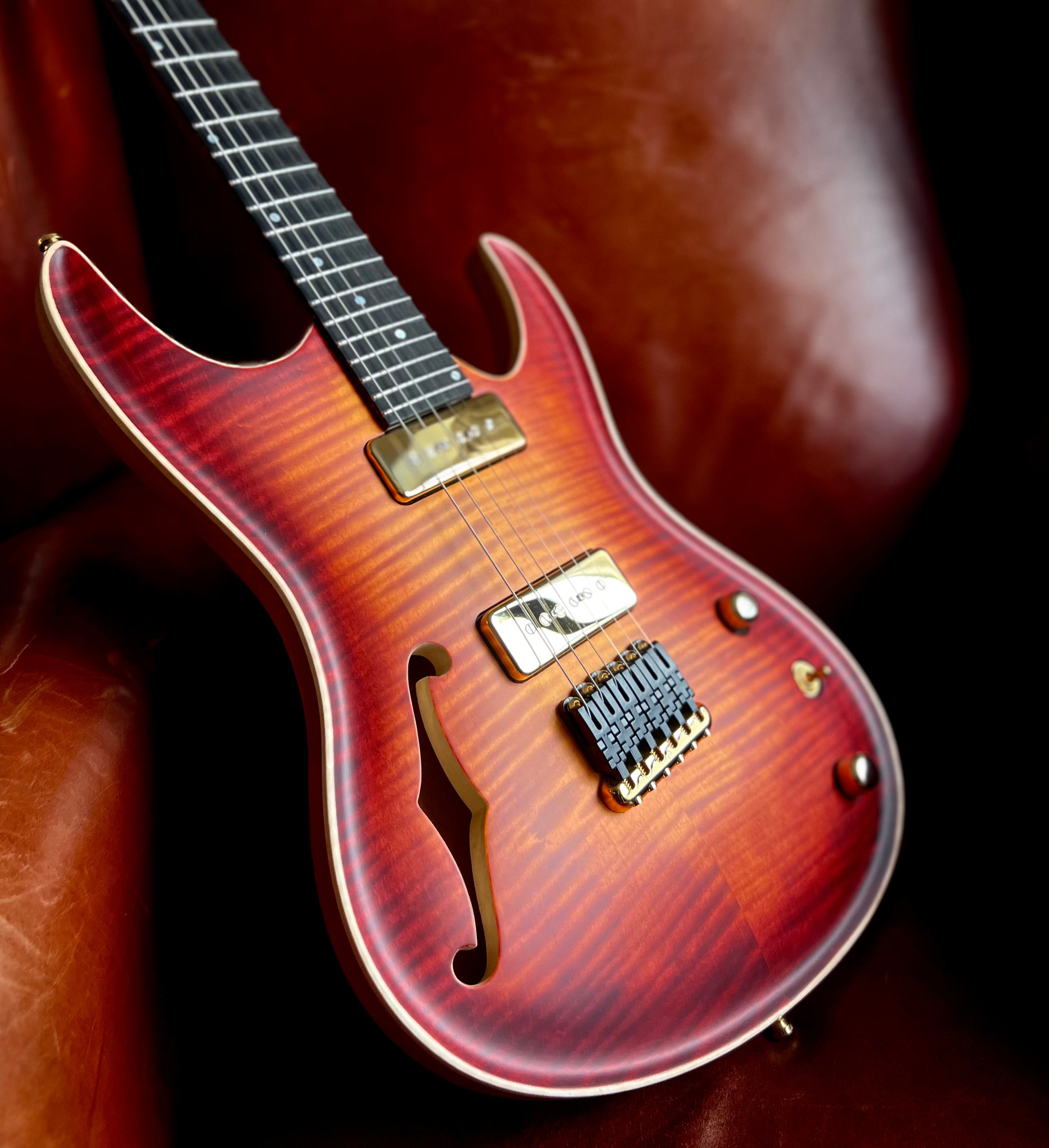 Valenti Nebula Carved Semi Hollow P90 Vintage Cherry Burst, Electric Guitar for sale at Richards Guitars.