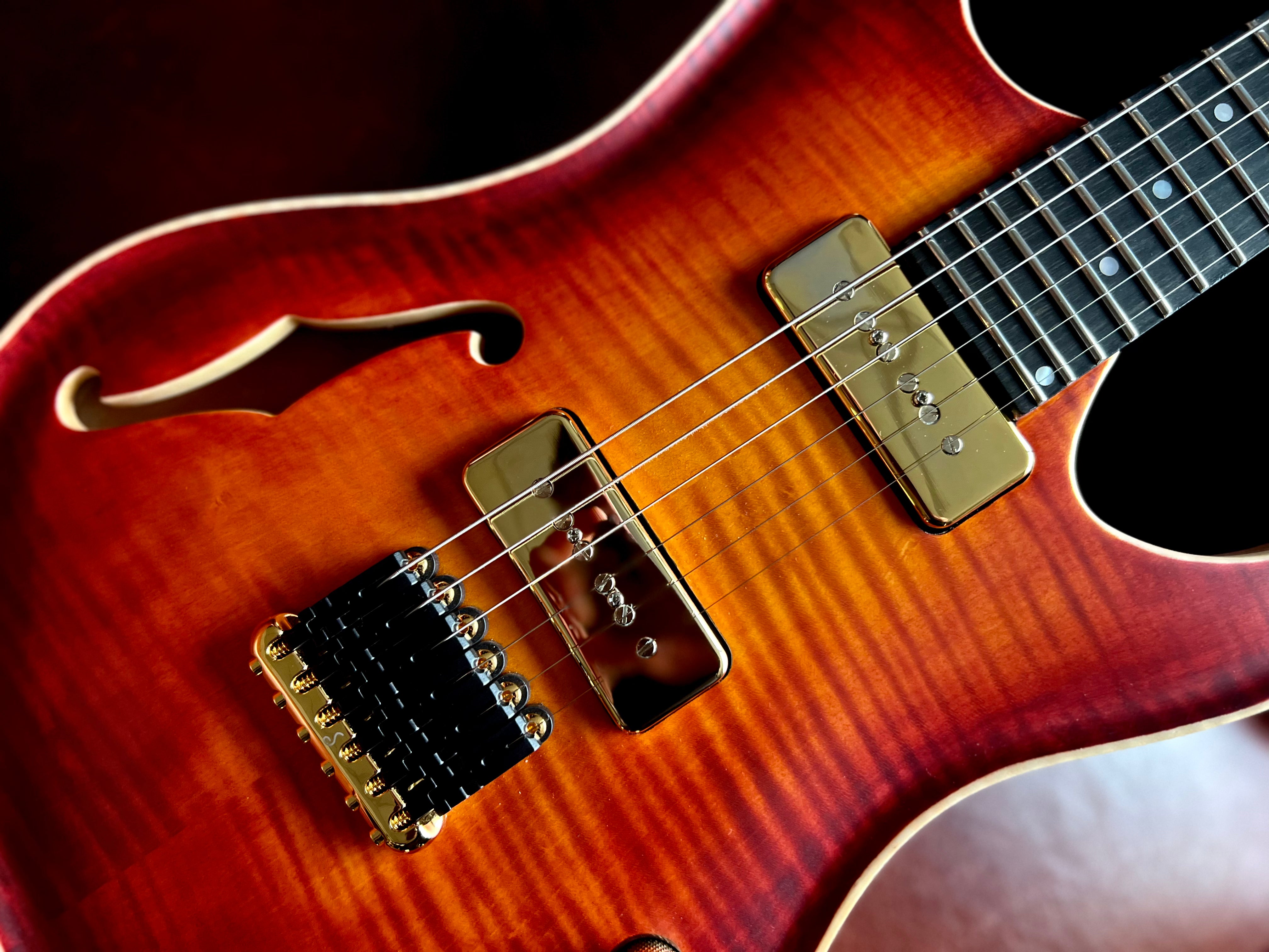 Valenti Nebula Carved Semi Hollow P90 Vintage Cherry Burst, Electric Guitar for sale at Richards Guitars.