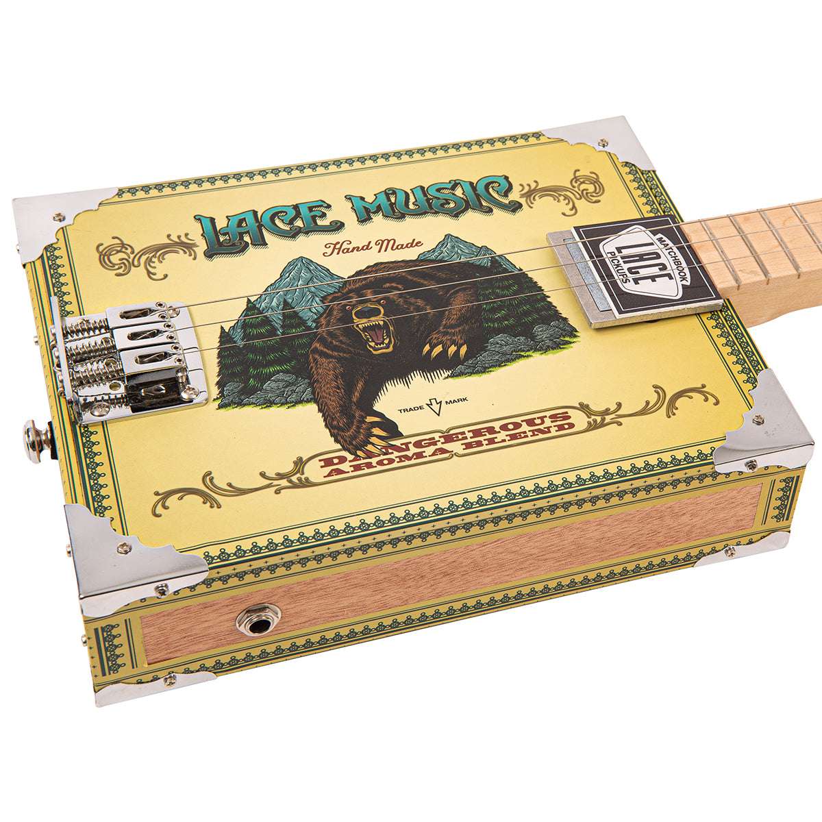 Lace Cigar Box Electric Guitar ~ 3 String ~ Grizzly Bear - Richards Guitars Of Stratford Upon Avon