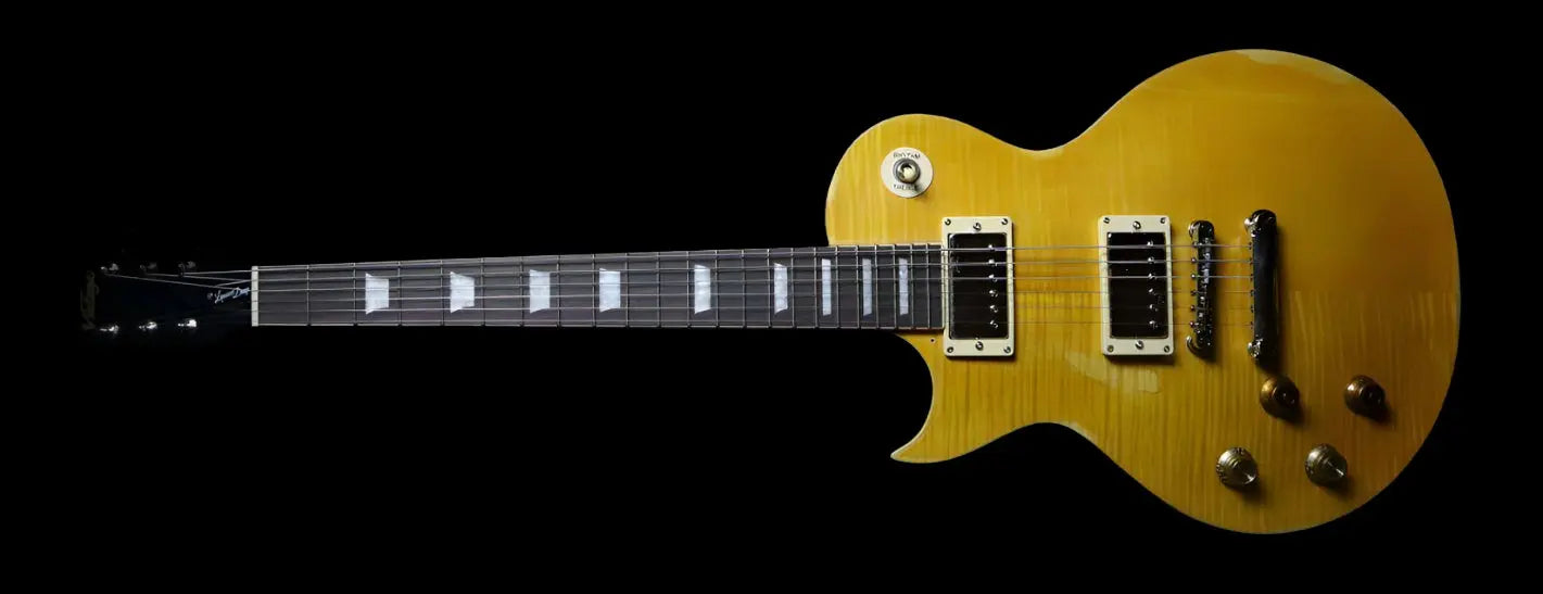 Vintage LV100MRPGM Left Hand Distressed 'Lemon Drop' with Distressed Finish - Richards Guitars Of Stratford Upon Avon