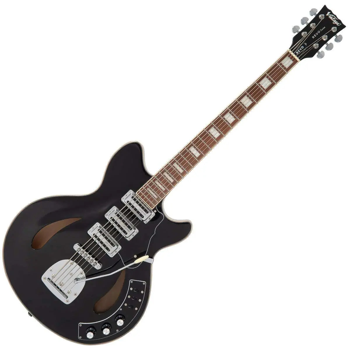 Vintage REVO Series 'Custom Supreme Baritone VI' Semi - Acoustic Guitar ~ Boulevard Black - Richards Guitars Of Stratford Upon Avon