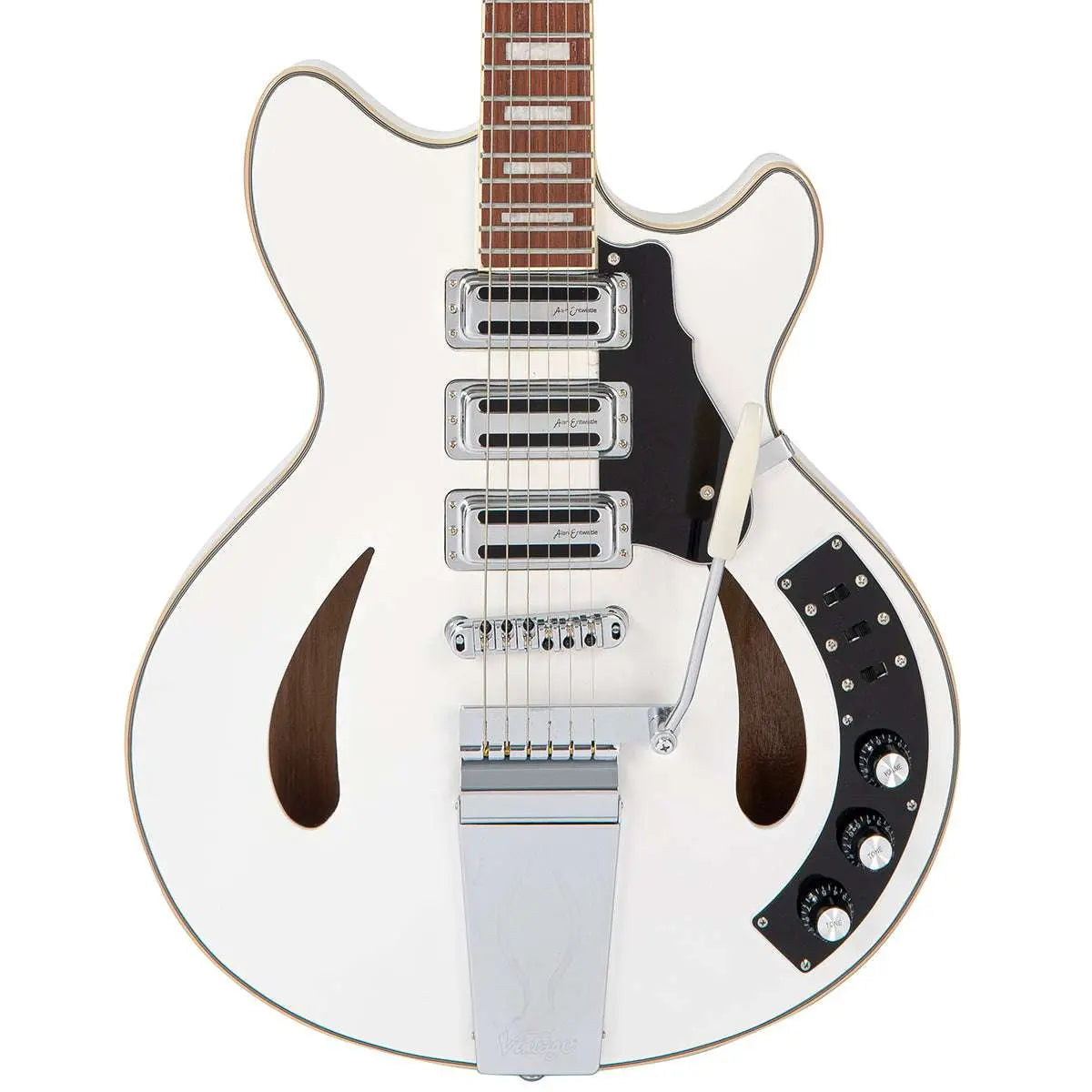 Vintage REVO Series 'Custom Supreme' Semi - Acoustic Guitar ~ Arctic White - Richards Guitars Of Stratford Upon Avon