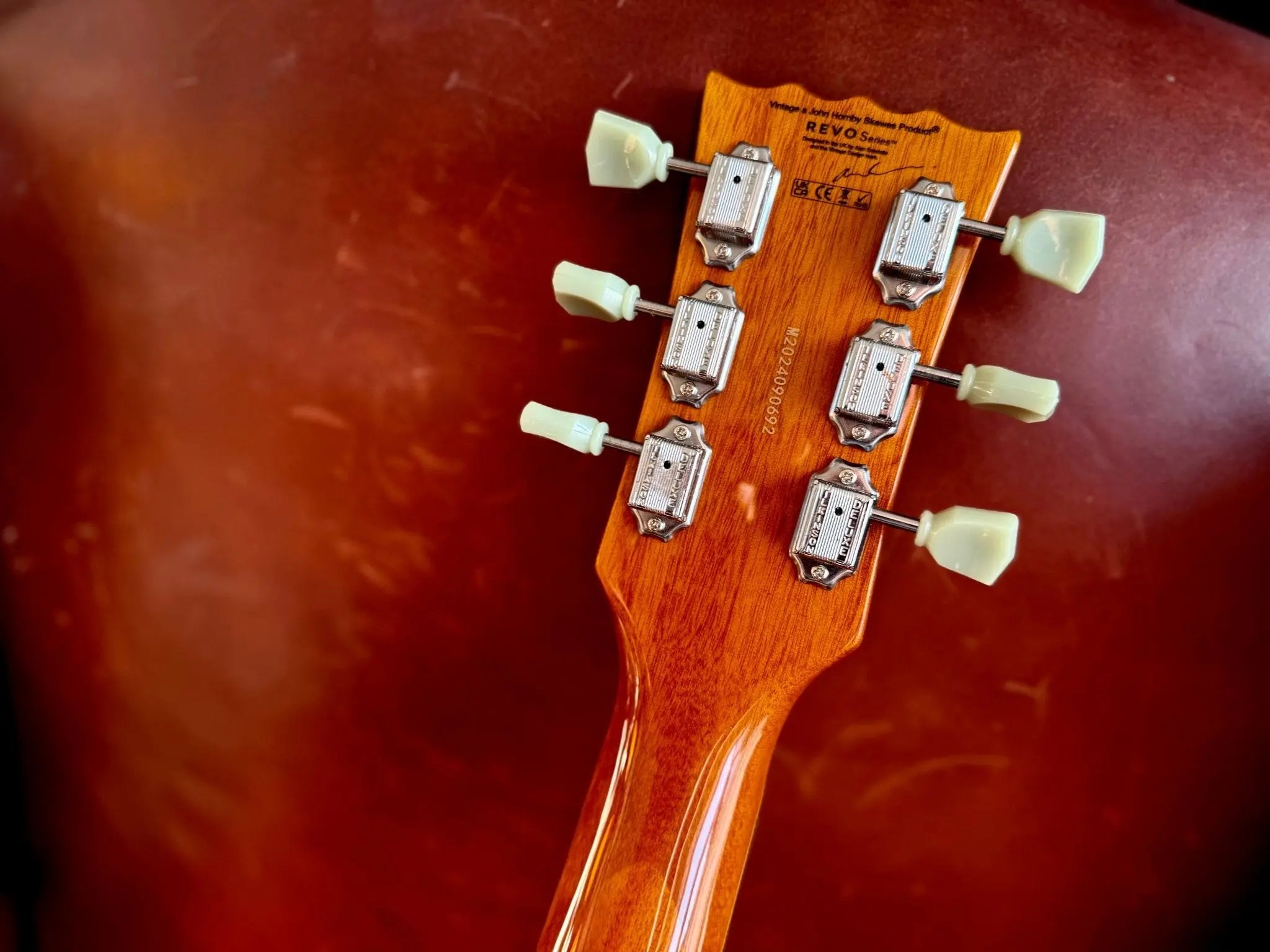 Vintage REVO Series 'Superthin' Electric Guitar ~ Amberburst - Richards Guitars Of Stratford Upon Avon