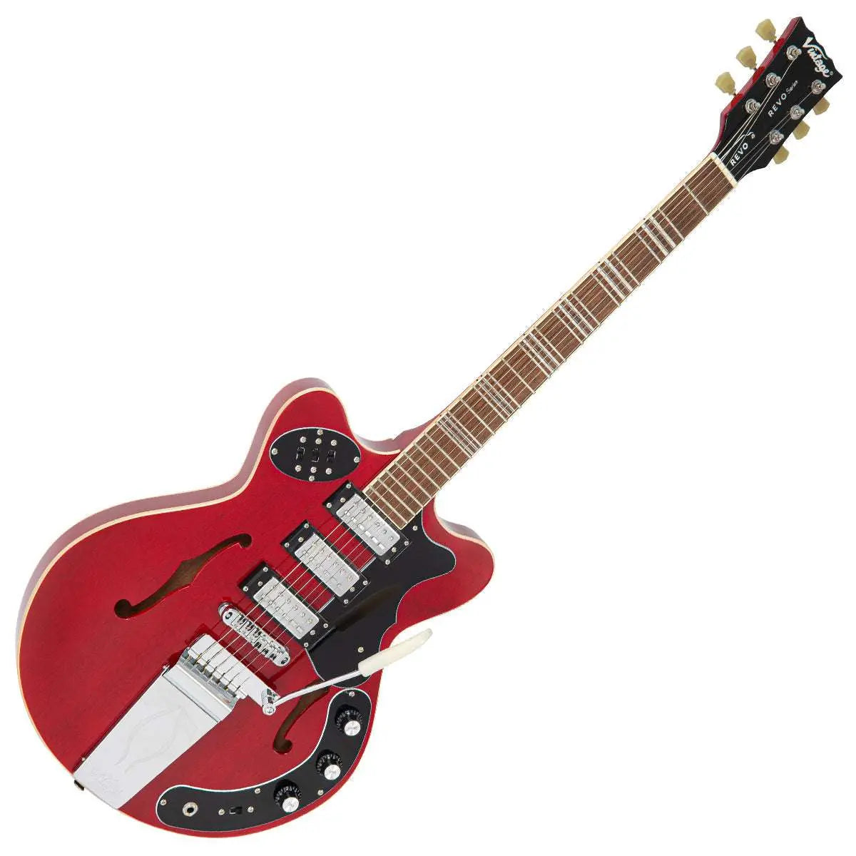 Vintage REVO Series 'Superthin' Electric Guitar ~ Cherry Red - Richards Guitars Of Stratford Upon Avon