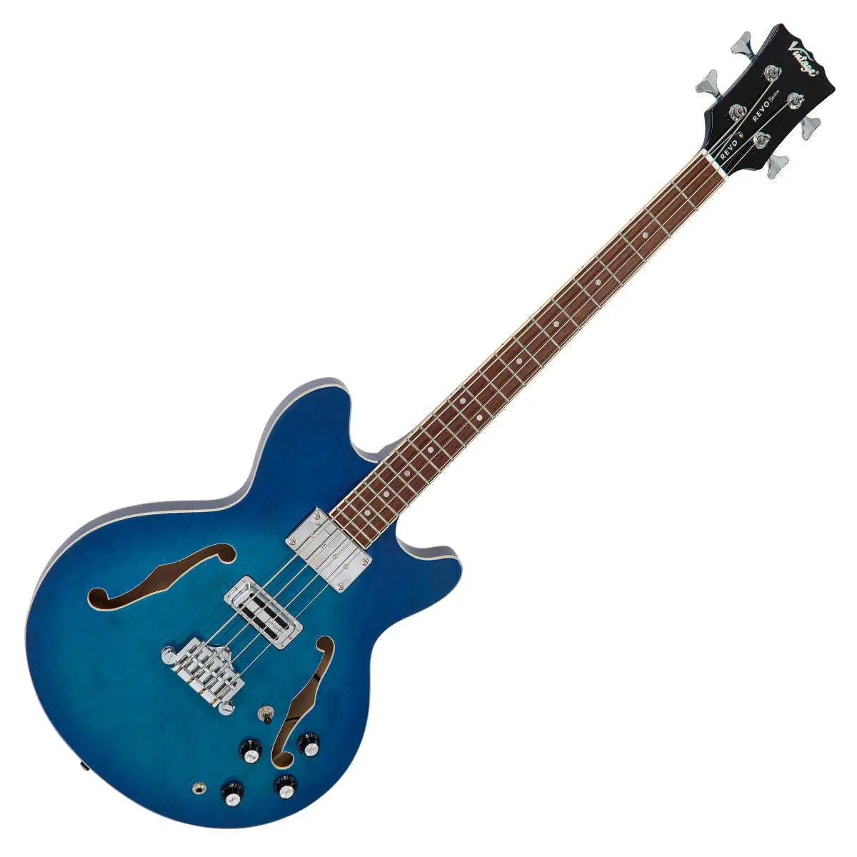 Vintage REVO Series 'Supreme' Semi Acoustic Bass ~ Blueburst - Richards Guitars Of Stratford Upon Avon
