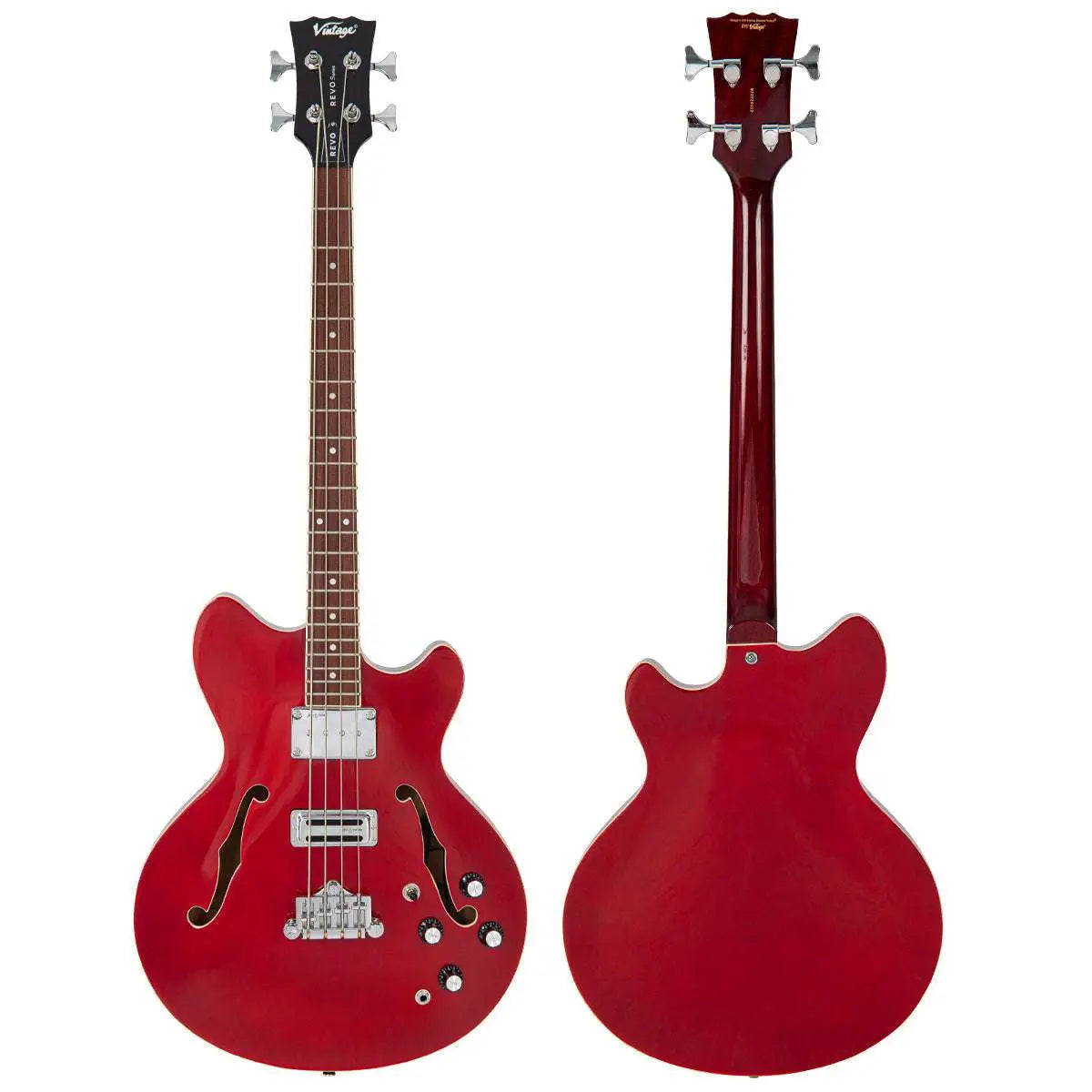 Vintage REVO Series 'Supreme' Semi Acoustic Bass ~ Cherry Red - Richards Guitars Of Stratford Upon Avon