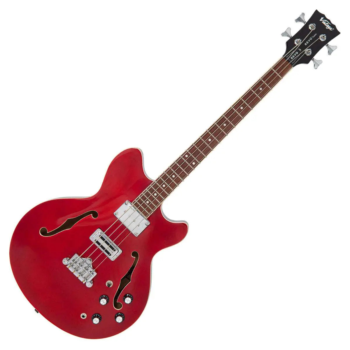 Vintage REVO Series 'Supreme' Semi Acoustic Bass ~ Cherry Red - Richards Guitars Of Stratford Upon Avon