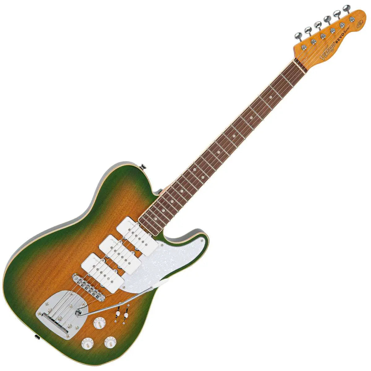 Vintage REVO Series Trio Electric Guitar ~ Green/Yellow Burst - Richards Guitars Of Stratford Upon Avon