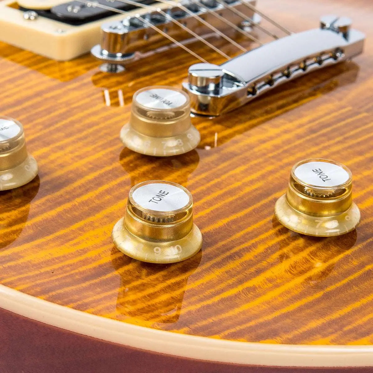 Vintage V100AFD Reissued Electric Guitar ~ Left Hand Flamed Amber - Richards Guitars Of Stratford Upon Avon