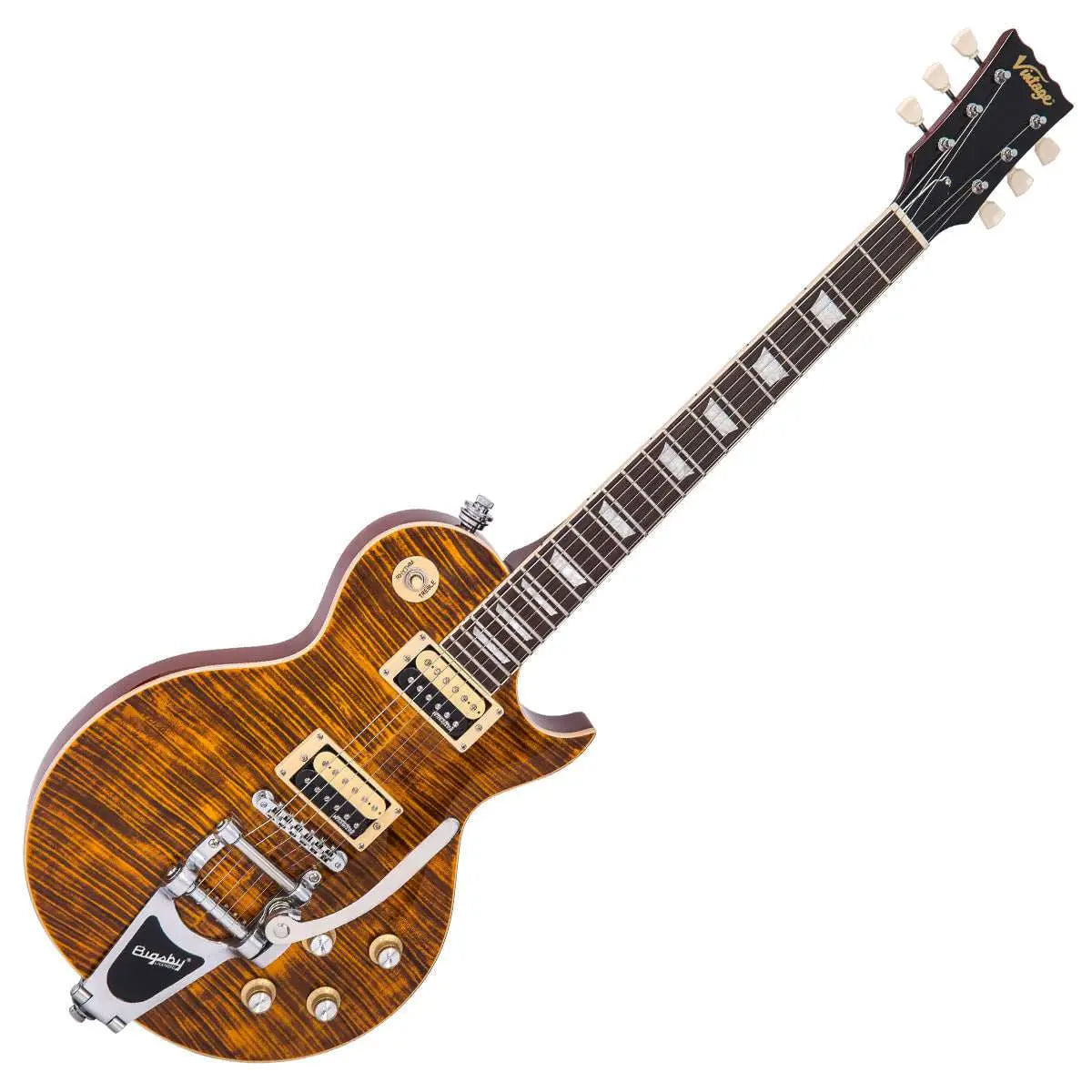 Vintage V100AMB ReIssued Electric Guitar w/Bigsby ~ Flamed Amber - Richards Guitars Of Stratford Upon Avon