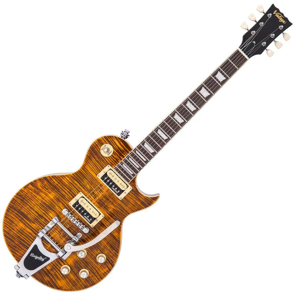 Vintage V100AMB ReIssued Electric Guitar w/Bigsby ~ Flamed Amber - Richards Guitars Of Stratford Upon Avon