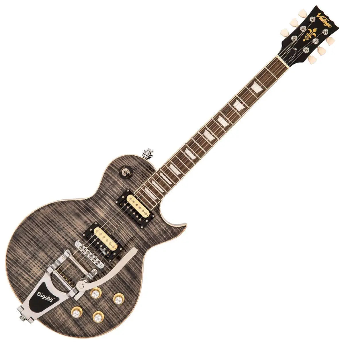 Vintage V100BLB ReIssued Electric Guitar w/Bigsby ~ Flamed Thru Black - Richards Guitars Of Stratford Upon Avon