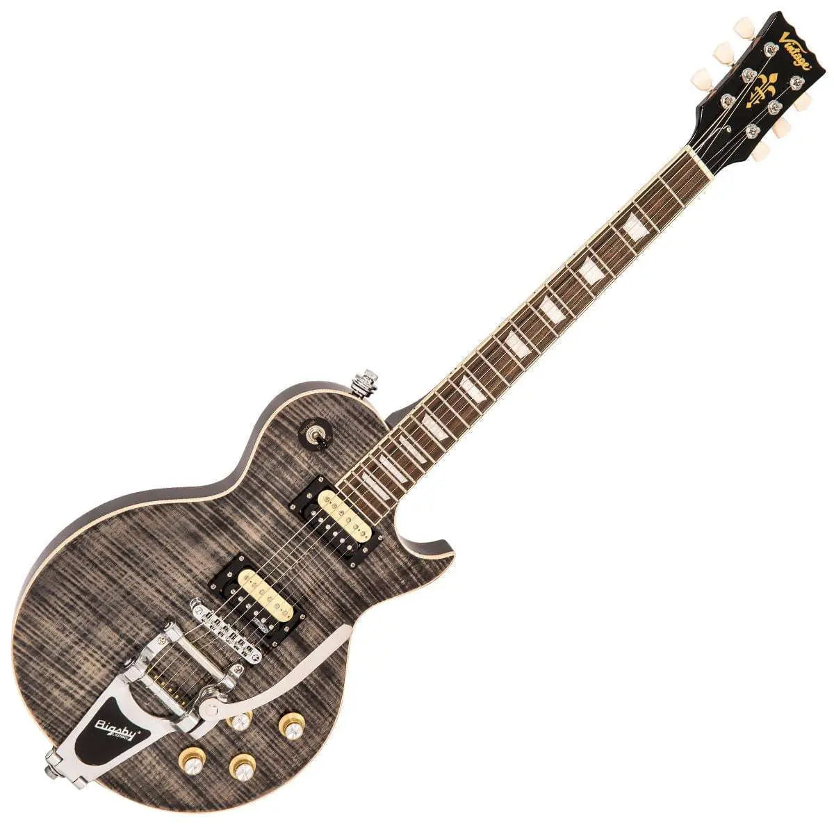 Vintage V100BLB ReIssued Electric Guitar w/Bigsby ~ Flamed Thru Black - Richards Guitars Of Stratford Upon Avon