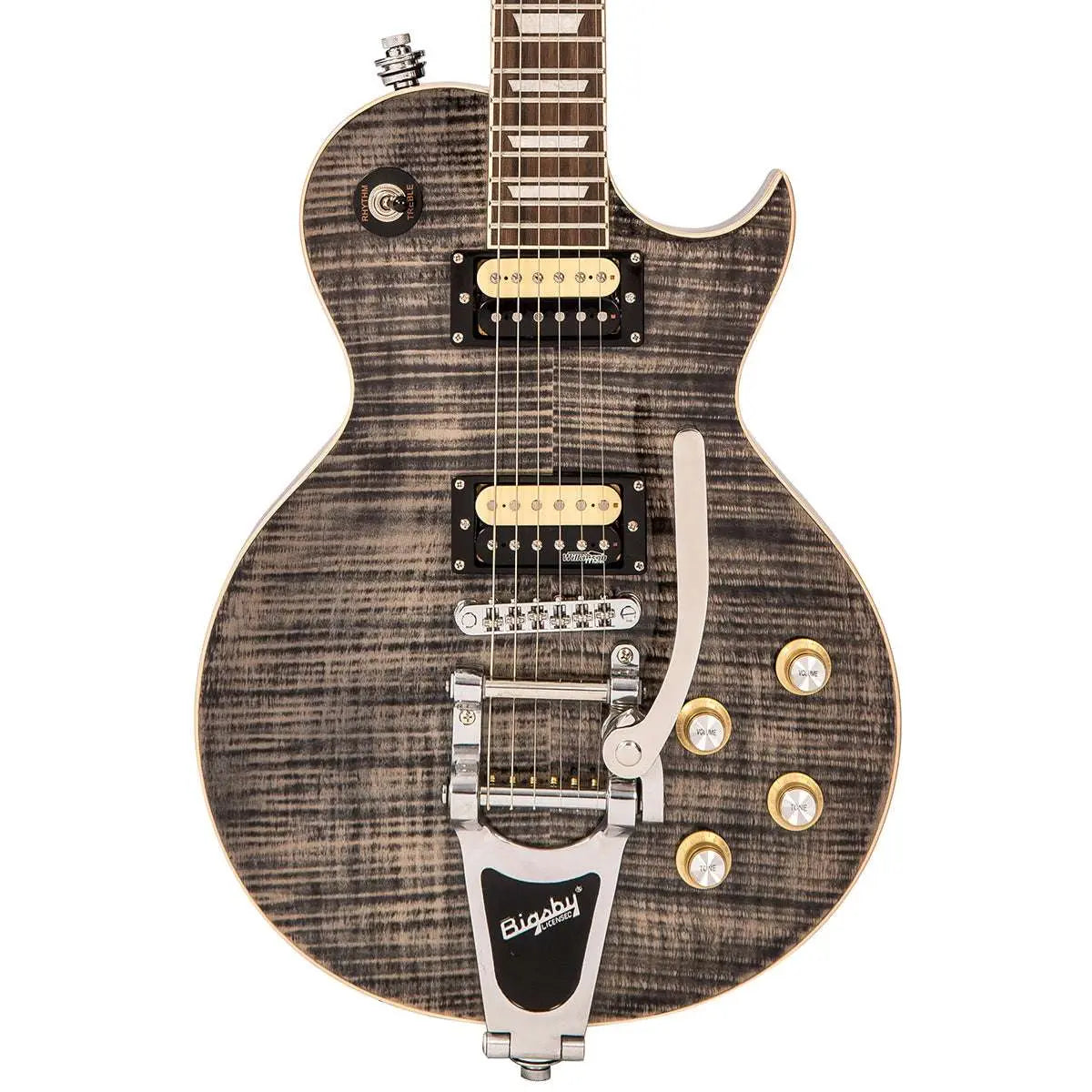 Vintage V100BLB ReIssued Electric Guitar w/Bigsby ~ Flamed Thru Black - Richards Guitars Of Stratford Upon Avon