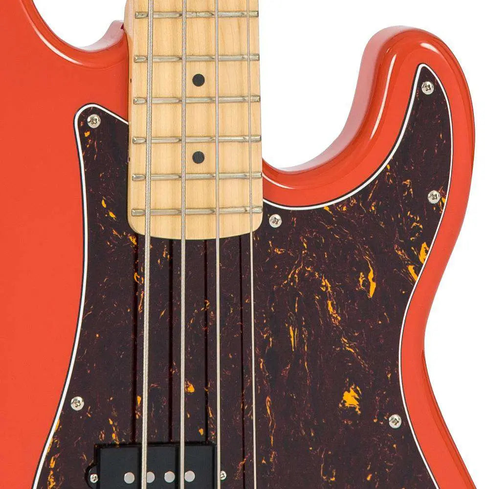Vintage V4 ReIssued Maple Fingerboard Bass Guitar ~ Firenza Red - Richards Guitars Of Stratford Upon Avon