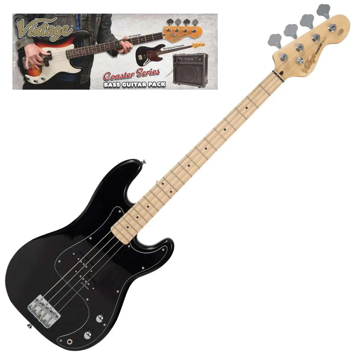 Vintage V40 Maple Coaster Series Bass Guitar Pack ~ Boulevard Black - Richards Guitars Of Stratford Upon Avon