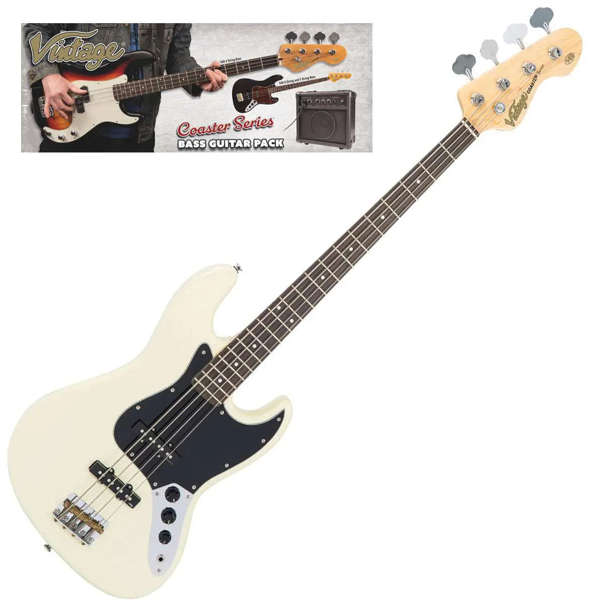 Vintage V49 Coaster Series Bass Guitar Pack ~ Vintage White - Richards Guitars Of Stratford Upon Avon