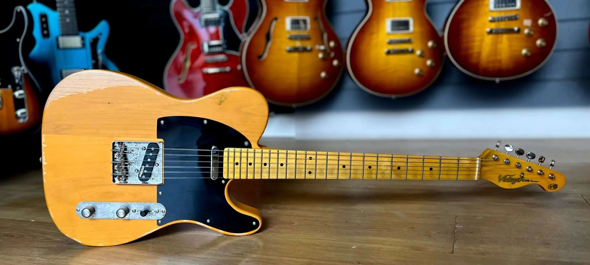 Vintage* V52MRBS Distressed Butterscotch Electric Guitar - Richards Guitars Of Stratford Upon Avon