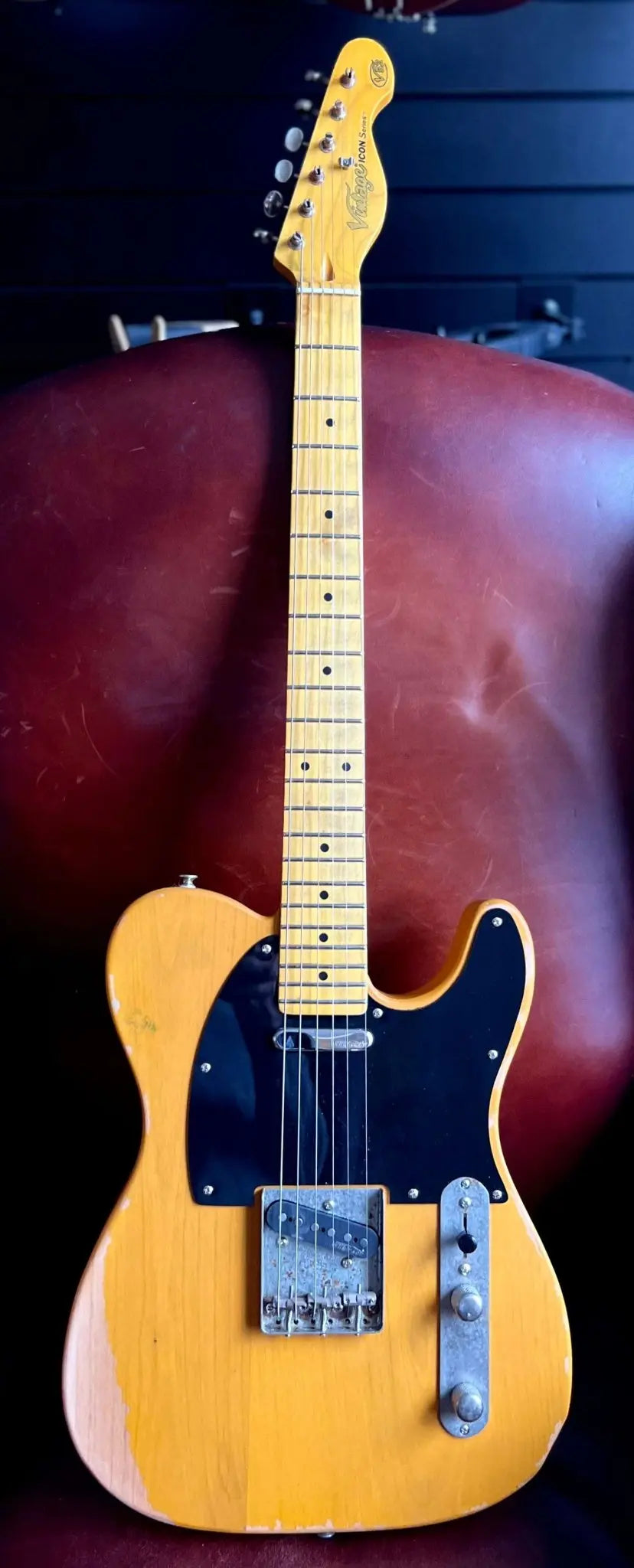 Vintage* V52MRBS Distressed Butterscotch Electric Guitar - Richards Guitars Of Stratford Upon Avon