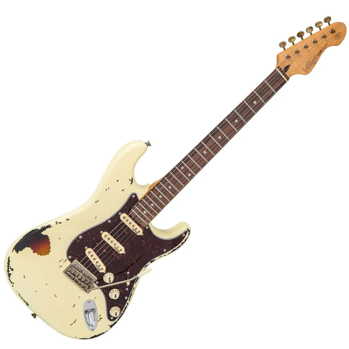 Vintage V6 ICON Electric Guitar ~ Distressed White Over Sunburst - Richards Guitars Of Stratford Upon Avon