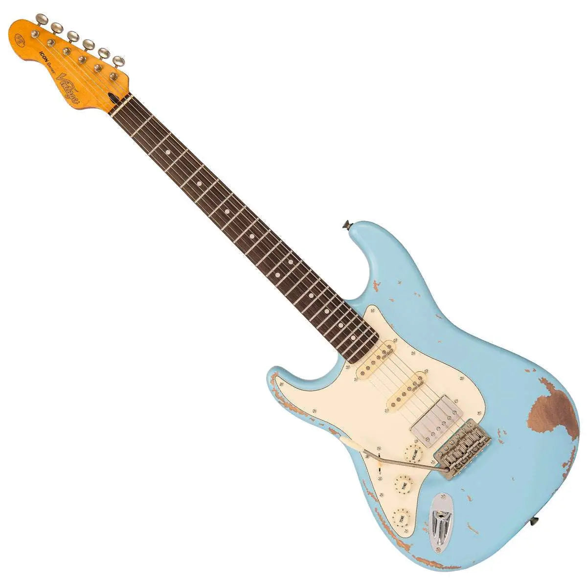 Vintage V6 ICON Electric Guitar ~ Left Hand Distressed Laguna Blue - Richards Guitars Of Stratford Upon Avon