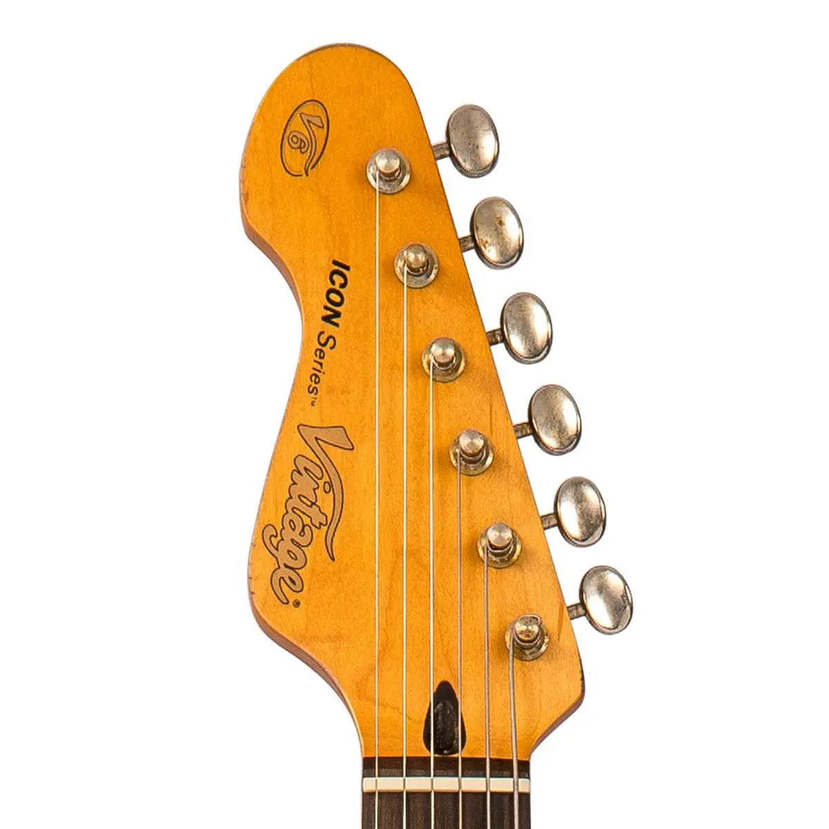 Vintage V6 ICON Electric Guitar ~ Left Hand Distressed Laguna Blue - Richards Guitars Of Stratford Upon Avon