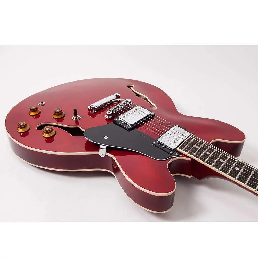Vintage VSA500CR ReIssued Semi Acoustic Guitar ~ Cherry Red - Richards Guitars Of Stratford Upon Avon