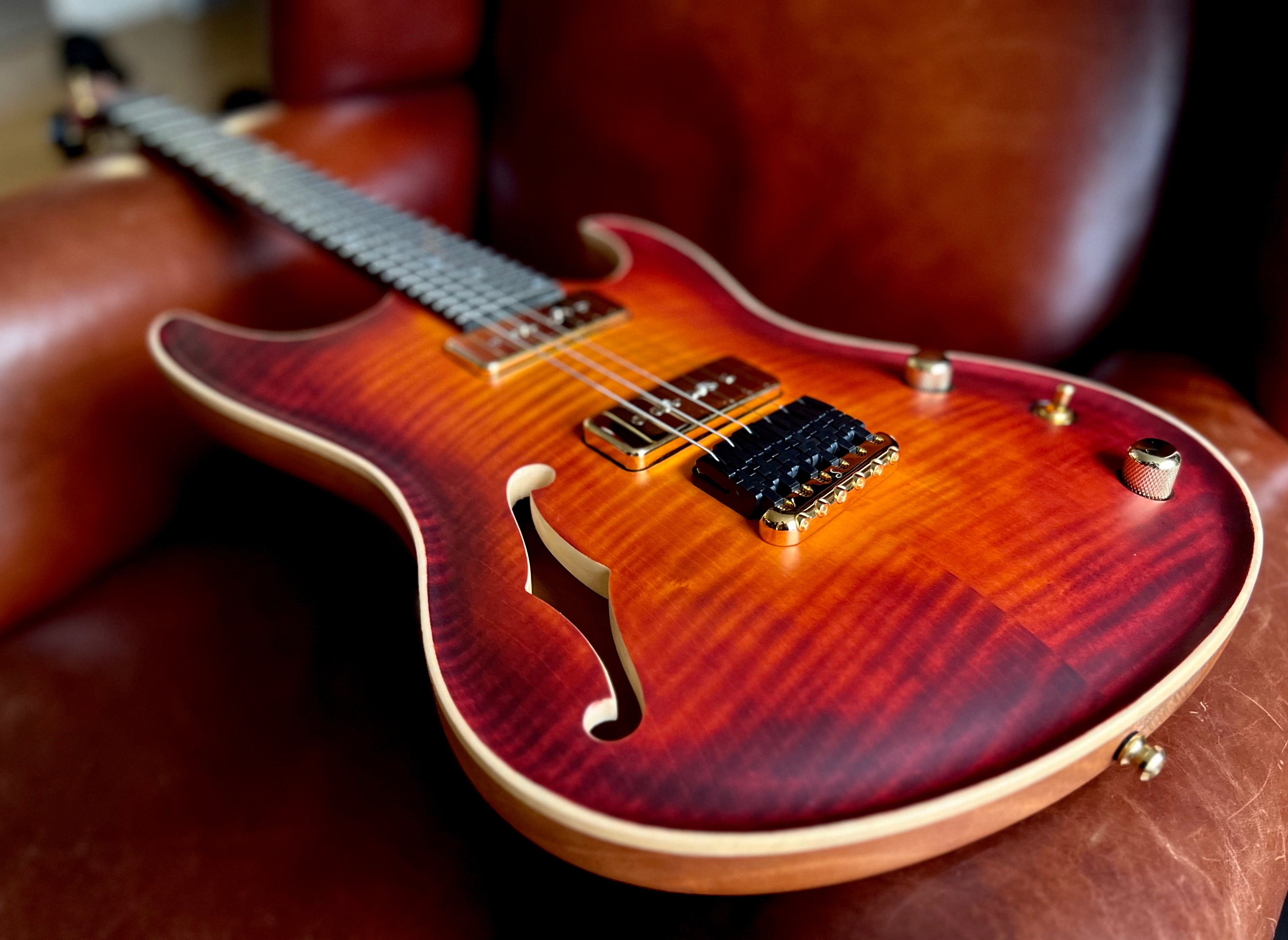 Valenti Nebula Carved Semi Hollow P90 Vintage Cherry Burst, Electric Guitar for sale at Richards Guitars.