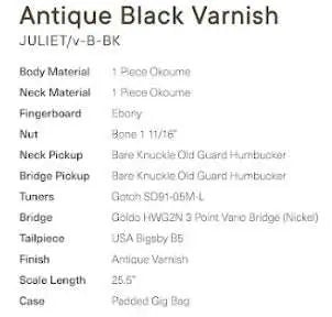 Eastman Juliet V//B - BK Antique Black With Bigsby (Price inc. Custom Pro Setup Package) - Richards Guitars Of Stratford Upon Avon