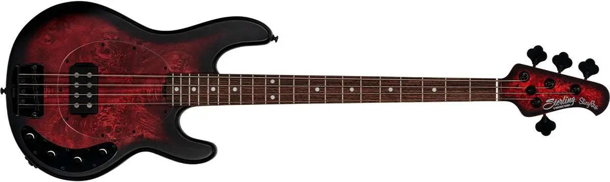 Sterling By Musicman SBMM SRAY 4 POPLAR BURL DARK SCARLET BRST SATIN RN - Richards Guitars Of Stratford Upon Avon