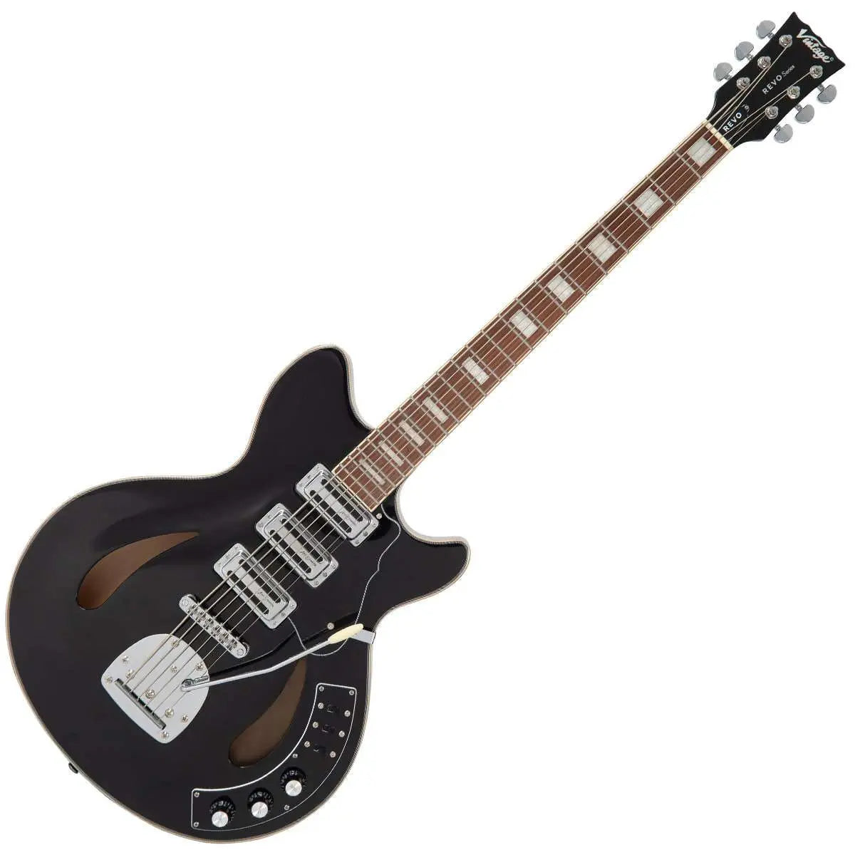 Vintage REVO Series 'Custom Supreme Baritone VI' Semi - Acoustic Guitar ~ Boulevard Black - Richards Guitars Of Stratford Upon Avon