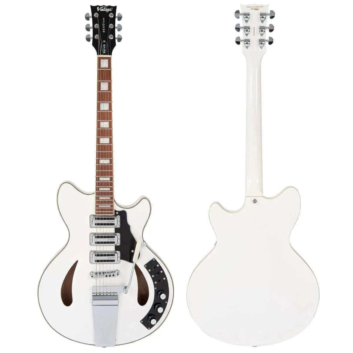 Vintage REVO Series 'Custom Supreme' Semi - Acoustic Guitar ~ Arctic White - Richards Guitars Of Stratford Upon Avon