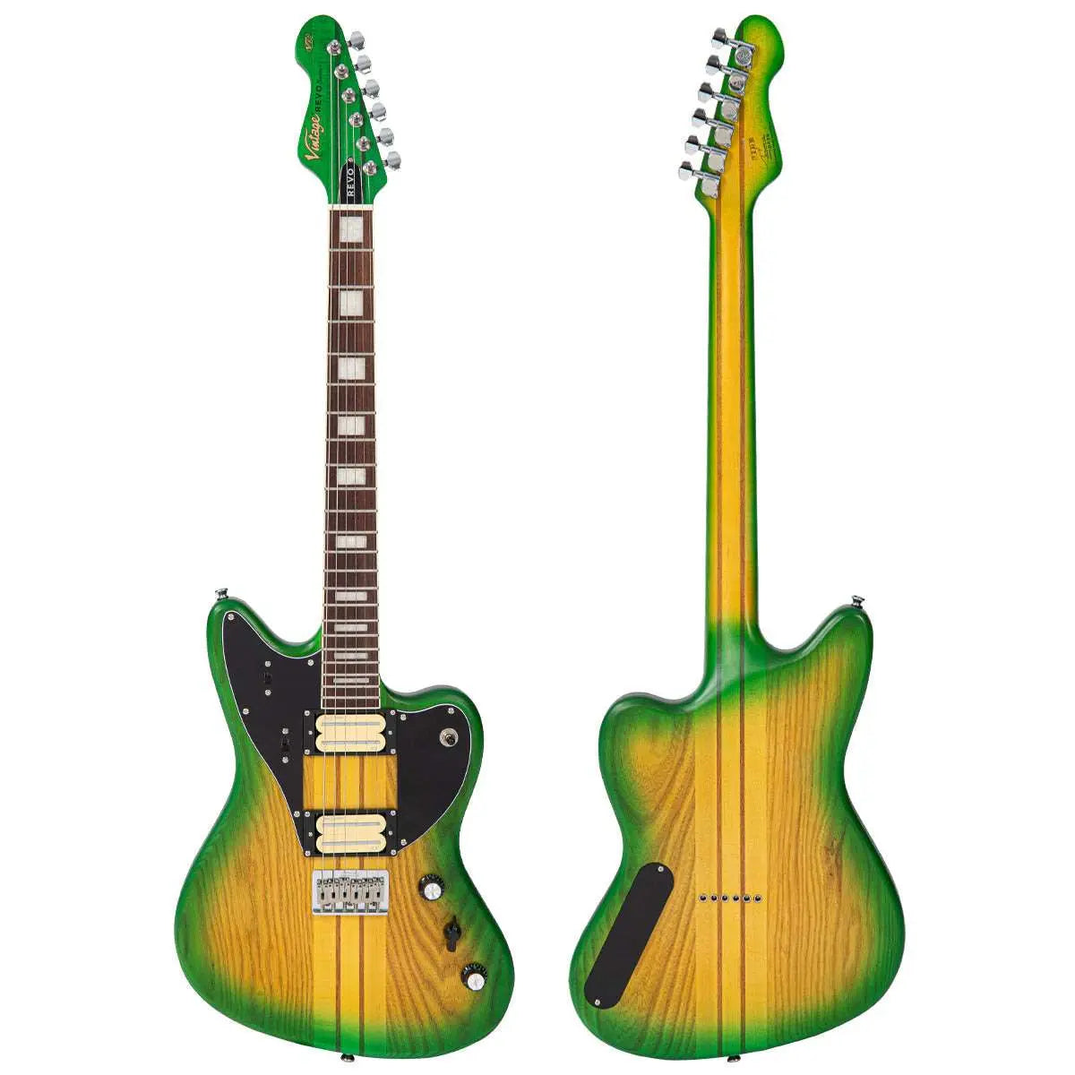 Vintage REVO Series 'Integra' Guitar ~ Green/Yellow Burst - Richards Guitars Of Stratford Upon Avon