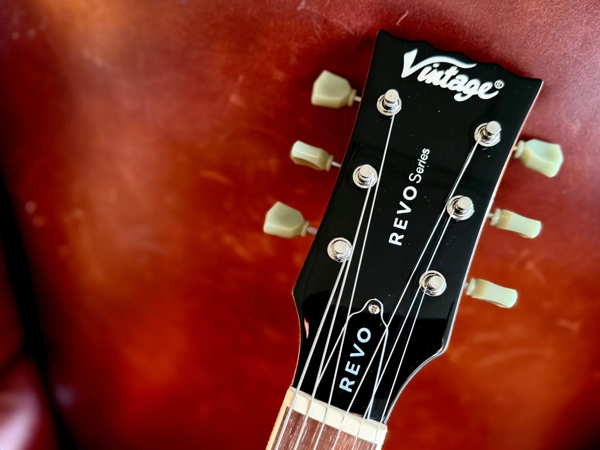 Vintage REVO Series 'Superthin' Electric Guitar ~ Amberburst - Richards Guitars Of Stratford Upon Avon