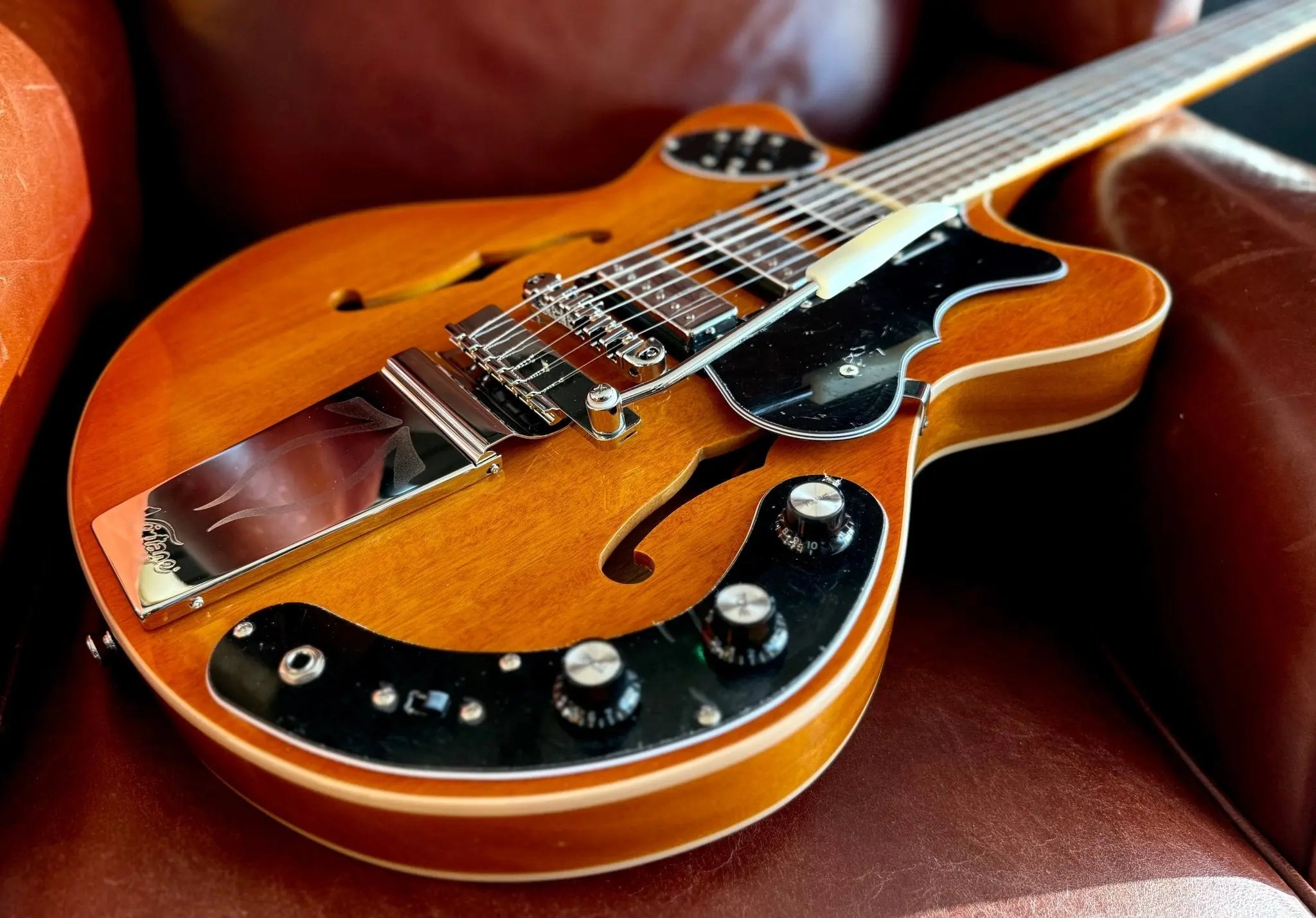 Vintage REVO Series 'Superthin' Electric Guitar ~ Amberburst - Richards Guitars Of Stratford Upon Avon